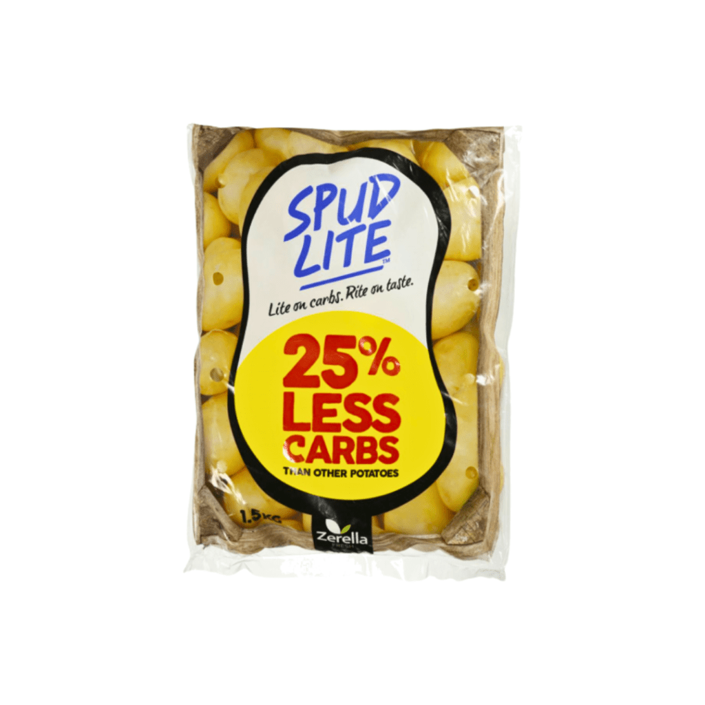 Spud Lite pouch using printed rewind for shelf-ready branded film wrap.