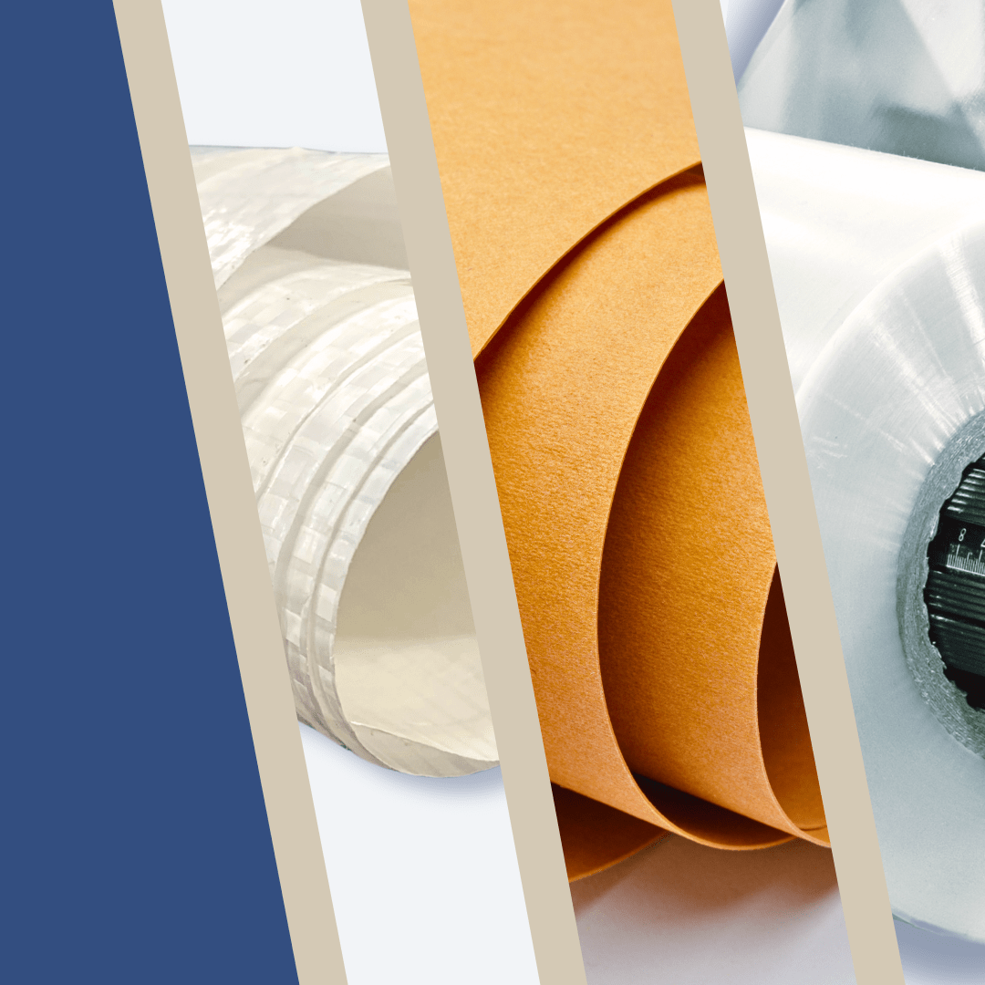 Rolls of flexible film and industrial packaging materials.