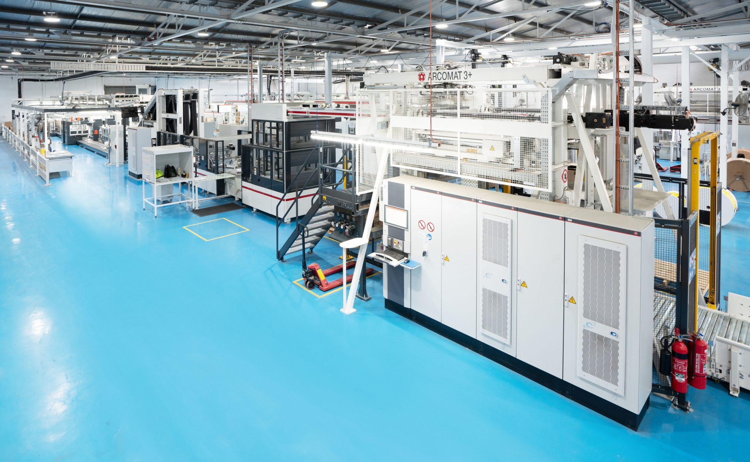 High-speed paper sack production machinery.